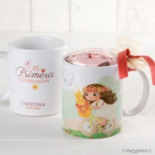 Taza PERSONALIZADA con caramelos Comunión NIÑA BICI