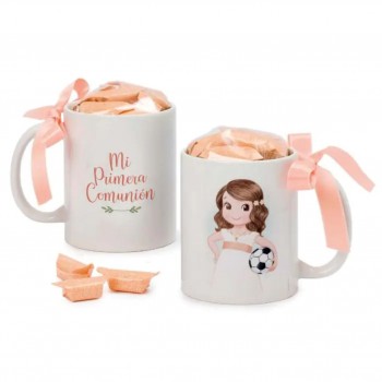 Taza PERSONALIZADA con caramelos Comunión NIÑA FÚTBOL