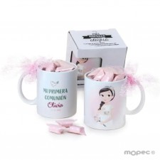 Taza PERSONALIZADA con caramelos Comunión NIÑA MORENA