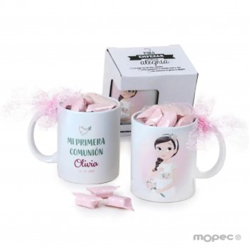 Taza PERSONALIZADA con caramelos Comunión NIÑA MORENA