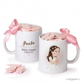 Taza PERSONALIZADA con caramelos Comunión NIÑA MORENA