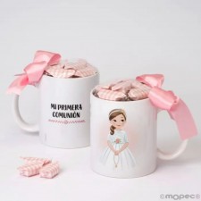 Taza PERSONALIZADA con caramelos Comunión NIÑA PELO LARGO