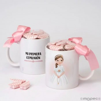 Taza PERSONALIZADA con caramelos Comunión NIÑA PELO LARGO