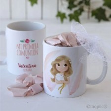 Taza PERSONALIZADA con caramelos Comunión NIÑA RUBIA