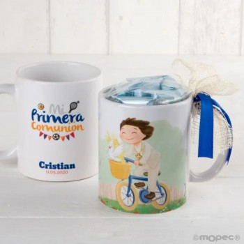 Taza PERSONALIZADA con caramelos Comunión NIÑO BICI
