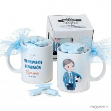Taza PERSONALIZADA con caramelos Comunión NIÑO FÚTBOL