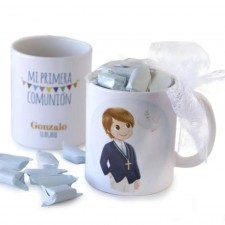 Taza PERSONALIZADA con caramelos Comunión NIÑO PALOMA