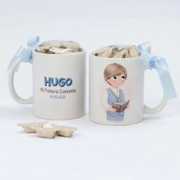 Taza PERSONALIZADA con caramelos Comunión NIÑO RUBIO BIBLIA