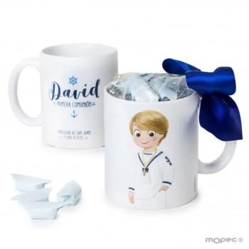 Taza PERSONALIZADA con caramelos Comunión NIÑO RUBIO MARINERO