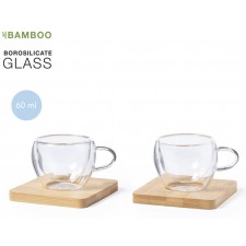Tazas café doble cristal + posavasos bambú