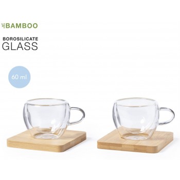 Tazas café doble cristal + posavasos bambú